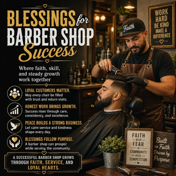 Blessings for barber shop success graphic with barber cutting hair and faith-based message about growth