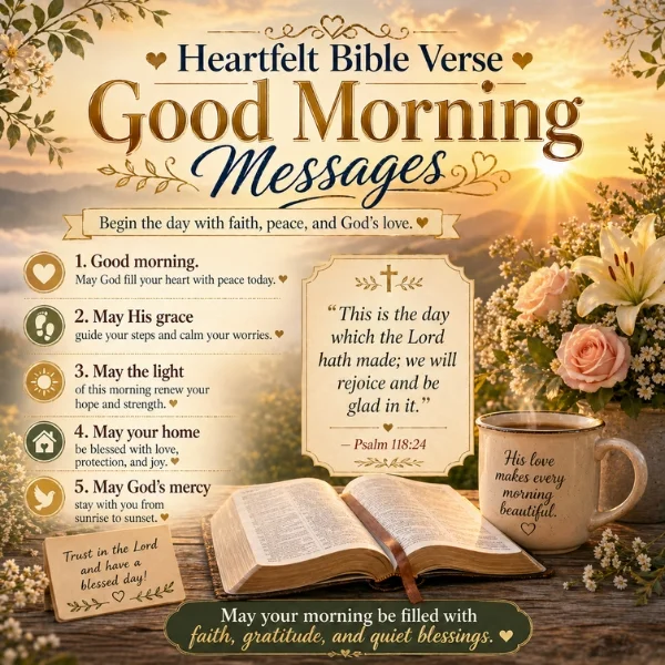 Heartfelt Bible verse good morning messages image with sunrise, open Bible, flowers, coffee mug, and Psalm 118:24