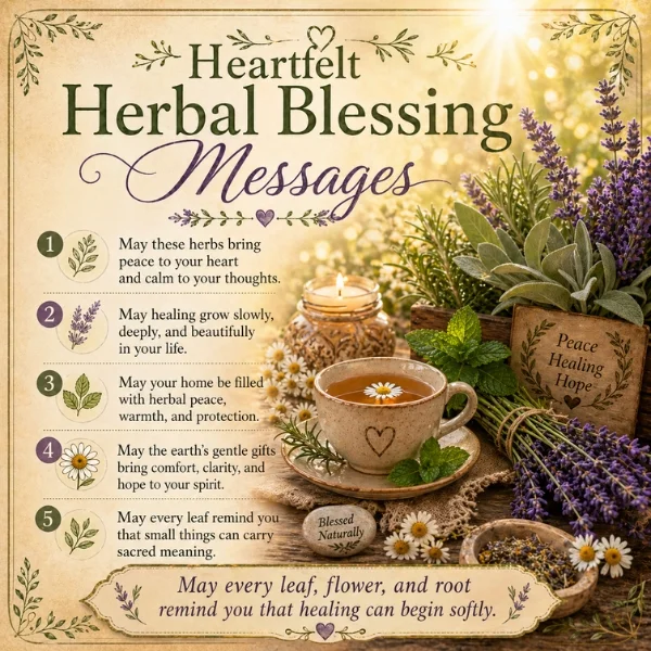 Heartfelt herbal blessing messages image with tea, lavender, sage, mint, chamomile, and peaceful healing words