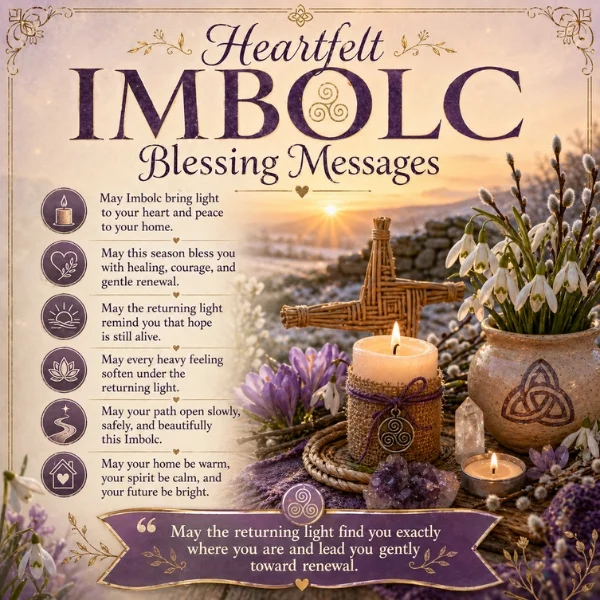 Heartfelt Imbolc blessing messages image with candles, snowdrops, Brigid’s Cross, and sunrise light