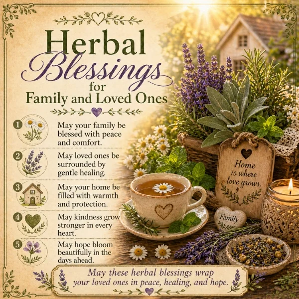 Herbal blessings for family and loved ones image with tea, lavender, sage, chamomile, and a cozy home setting
