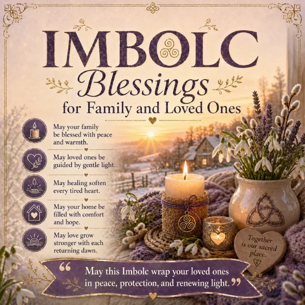 Imbolc blessings for family and loved ones image with candles, snowdrops, lavender, and a warm sunrise