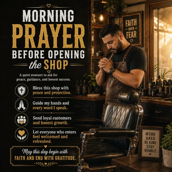 Morning prayer before opening barber shop with barber praying for peace, protection, and honest success
