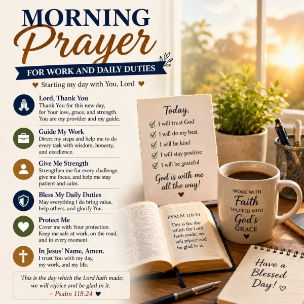 Morning prayer for work and daily duties image with Bible, coffee, desk, sunrise, and Psalm 118:24