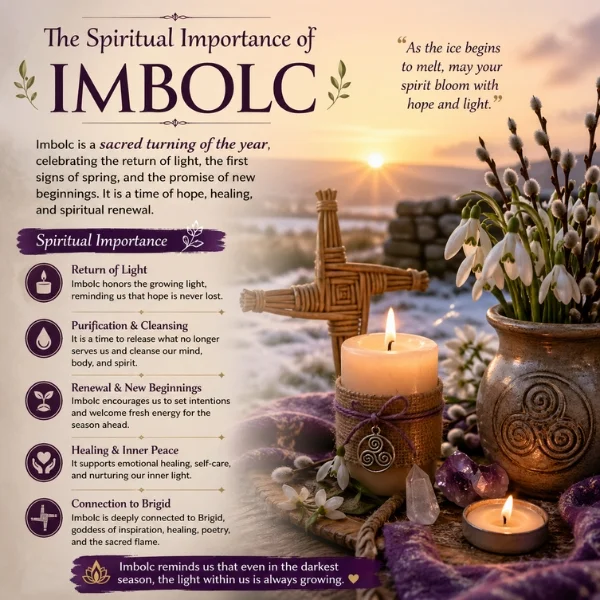 The spiritual importance of Imbolc image with candles, Brigid’s Cross, snowdrops, and sunrise for renewal