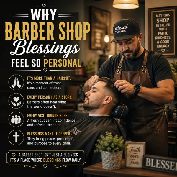 Barber shop blessings graphic showing a barber serving a client with faith, care, and personal connection