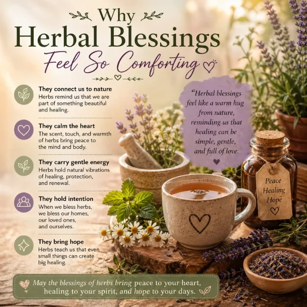 Herbal blessings comfort image with tea, lavender, chamomile, mint, and peaceful healing message