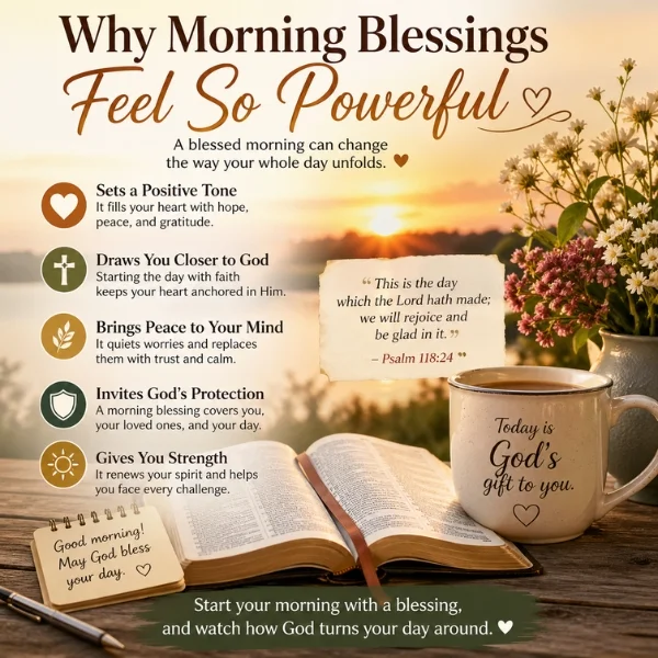Morning blessings image with sunrise, open Bible, coffee mug, Psalm 118:24, and Christian faith message