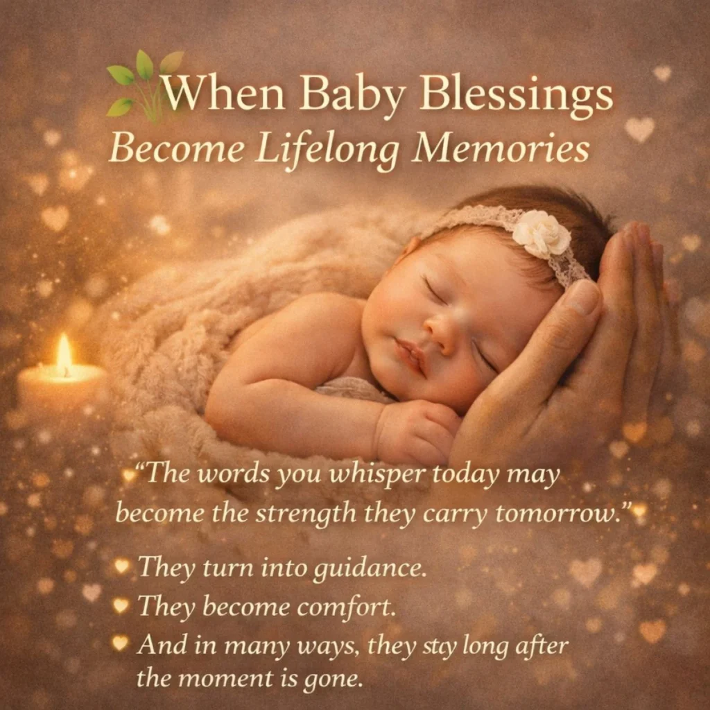 Sleeping baby in gentle hands with warm light showing baby blessings becoming lifelong memories and emotional connection