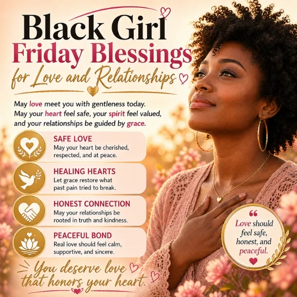 Black girl Friday blessings for love and relationships with safe love, healing hearts, and peaceful grace