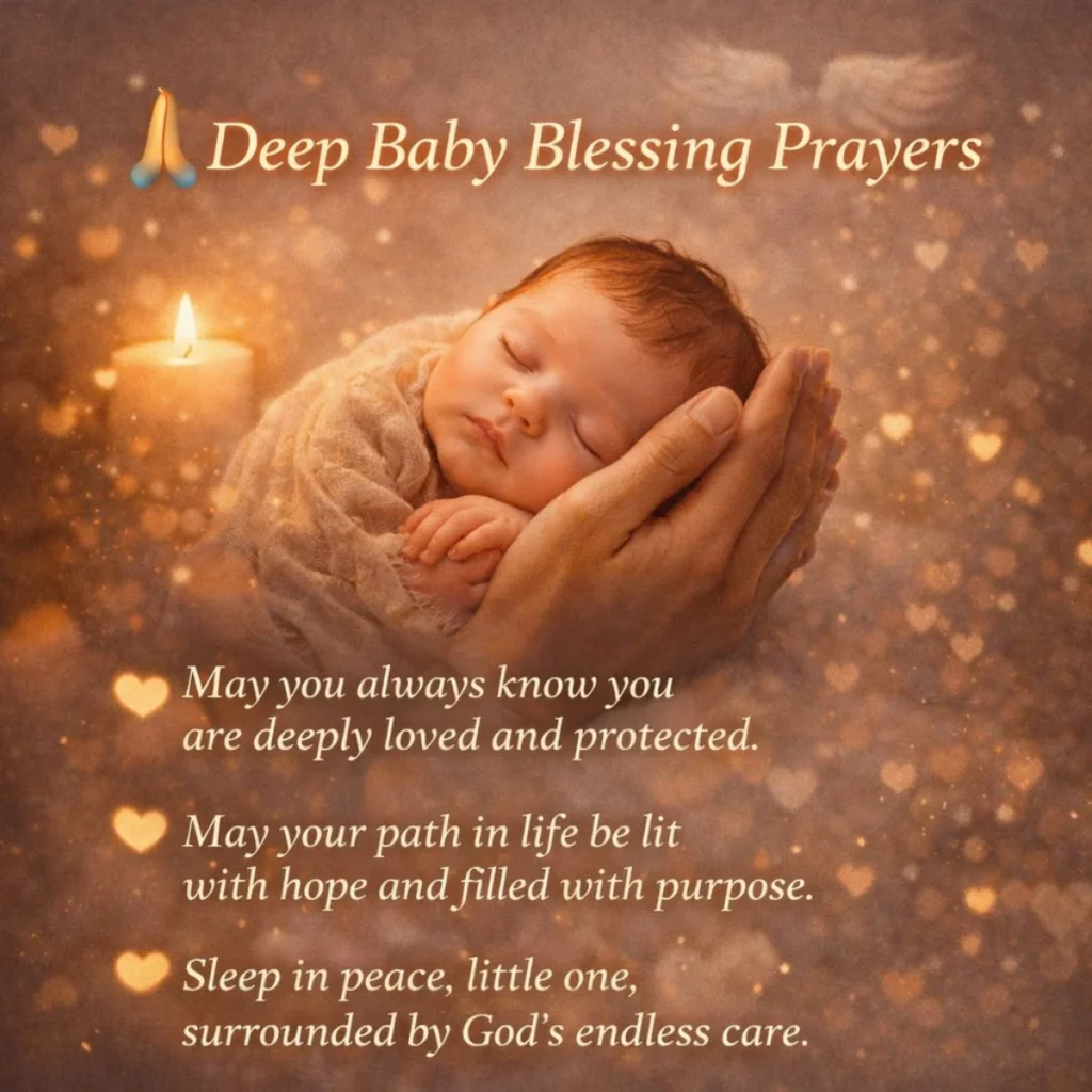 Sleeping baby in caring hands with candle light symbolizing deep baby blessing prayers, protection, and divine love