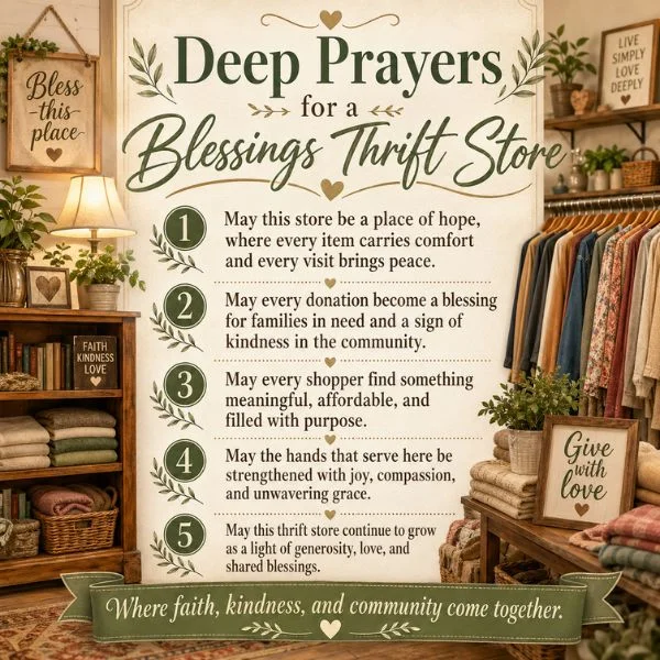 Deep prayers for a Blessings Thrift Store poster with cozy shop interior, clothing rack, and faith-filled messages