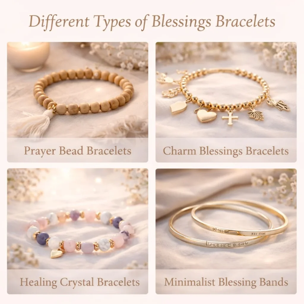 different types of blessings bracelets including prayer beads charm crystal and minimalist bands
