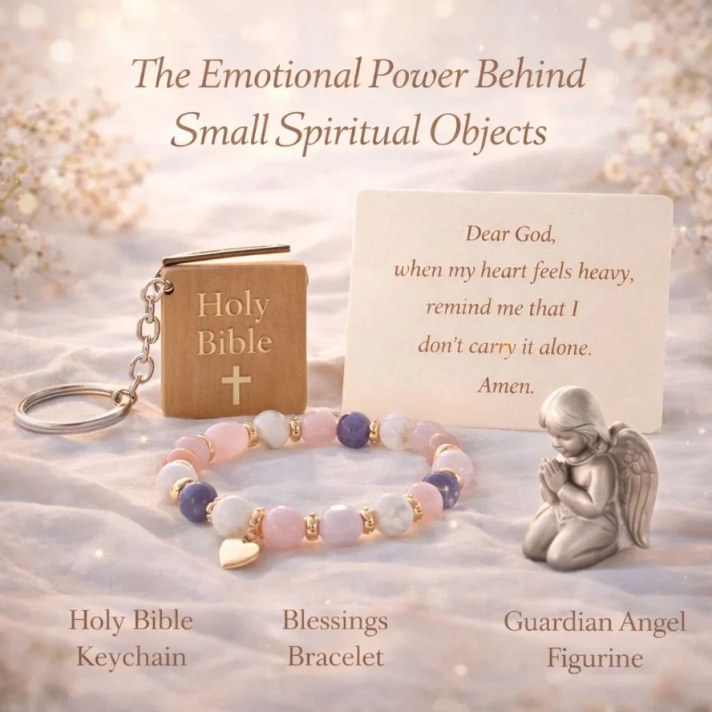 small spiritual objects blessings bracelet prayer card and angel figurine symbolizing peace and faith