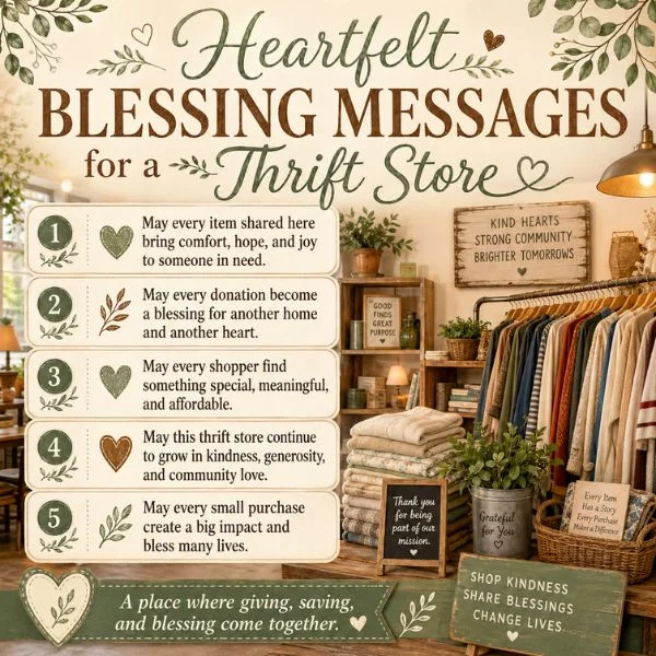 Heartfelt blessing messages poster for a thrift store with cozy shop interior, clothing racks, and uplifting quotes