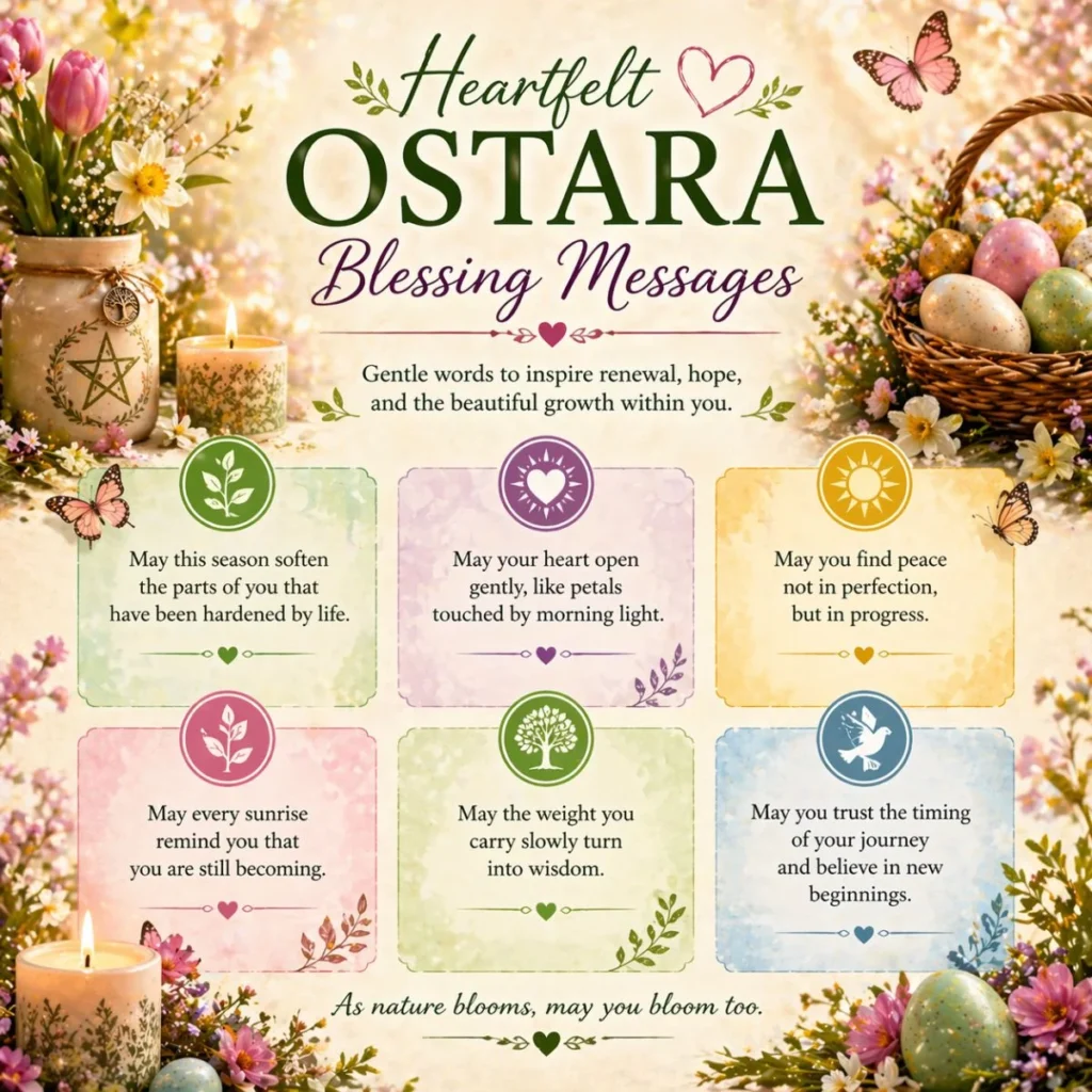 Heartfelt Ostara blessing messages with spring flowers, candles, and soft light symbolizing hope and renewal