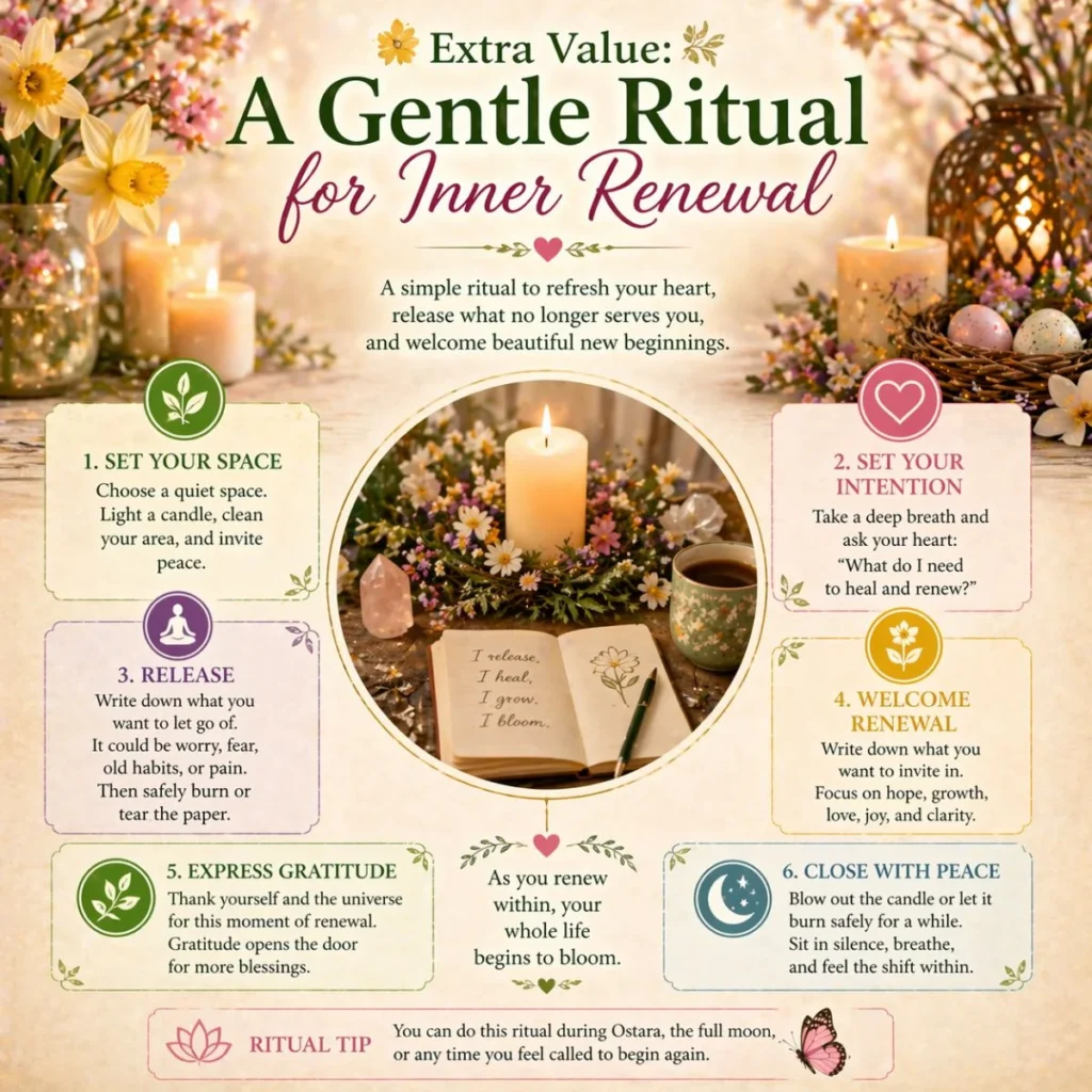 Ostara ritual for inner renewal with candle, journal, flowers, and steps for healing and new beginnings