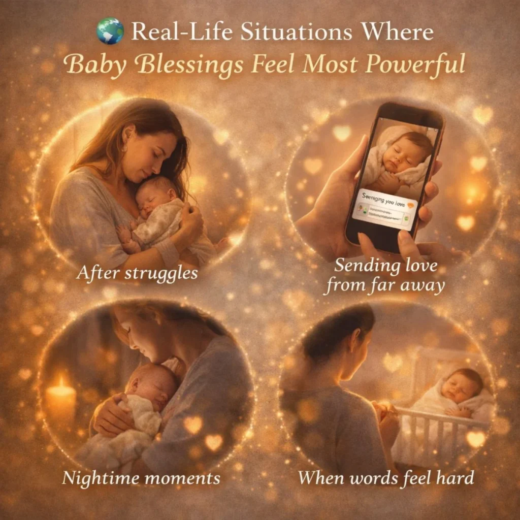 Real-life moments showing baby blessings with mother and newborn, long-distance love, and peaceful nighttime bonding