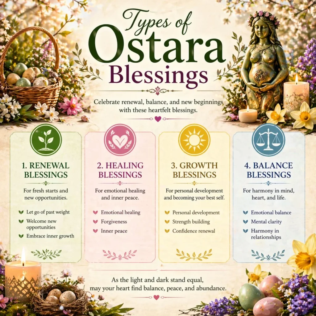 Types of Ostara blessings infographic with renewal, healing, growth, and balance in a spring floral theme