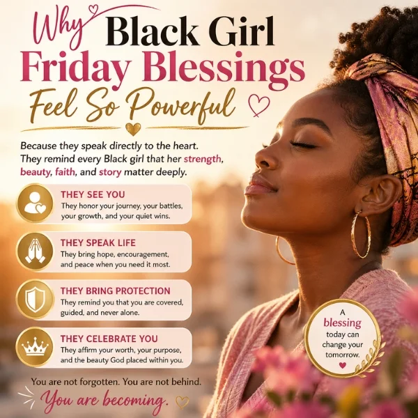 Black girl Friday blessings with peaceful woman, faith affirmations, self-love, protection, and golden hope
