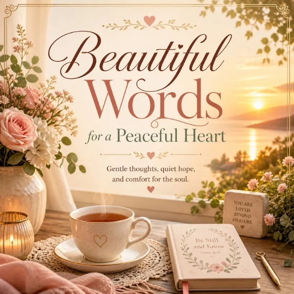 Beautiful words for a peaceful heart image with sunset, flowers, tea, and faith-filled comfort