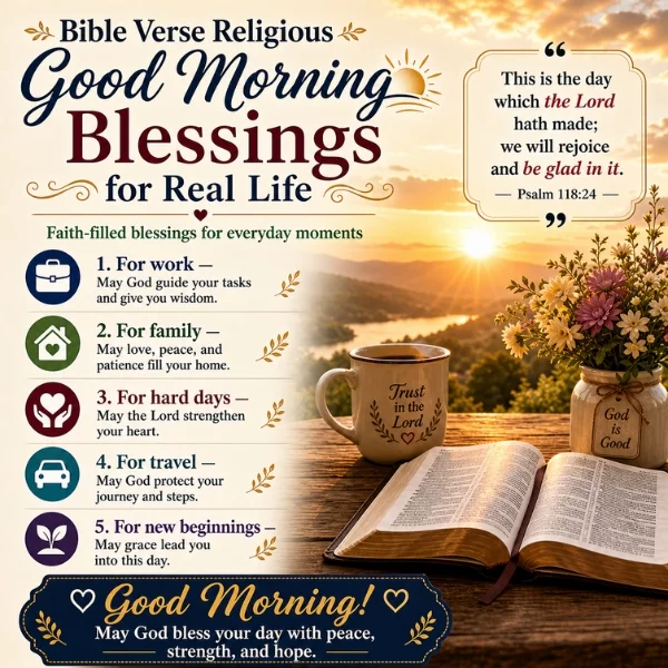 Bible verse good morning blessings for real life image with sunrise, open Bible, coffee, flowers, and Psalm 118:24