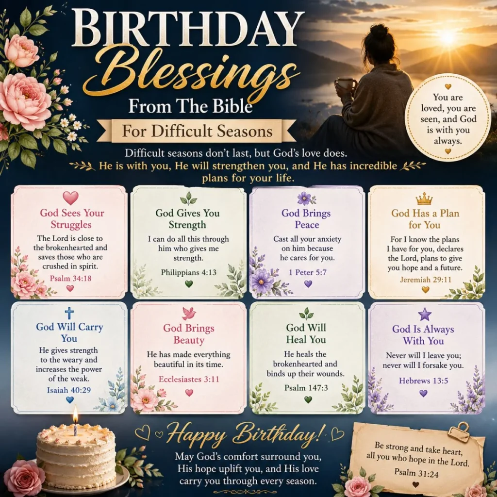 Birthday blessings from the Bible for difficult seasons with comforting scriptures, floral design, and Christian hope message.