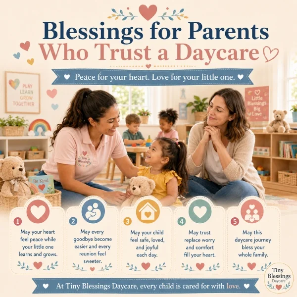 Blessings for parents who trust a daycare image with caregiver, mother, child, and warm classroom care