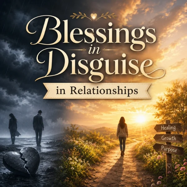 Blessings in disguise in relationships image with a broken heart, rainy goodbye, and hopeful sunrise path to healing