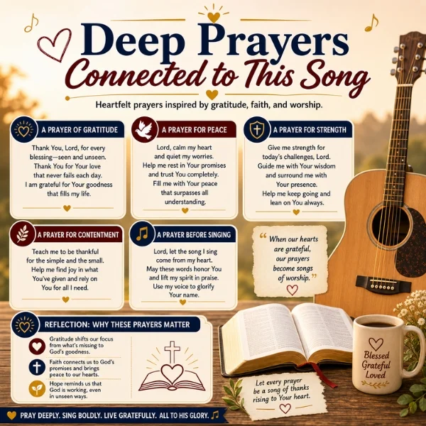 Deep prayers connected to this song infographic with gratitude prayers, Bible, guitar, and faith reflections