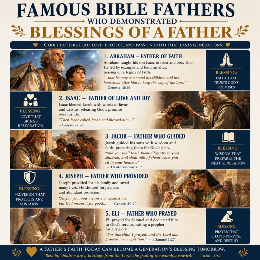 Biblical fathers teaching faith and blessings to their children in a Christian inspirational family design.