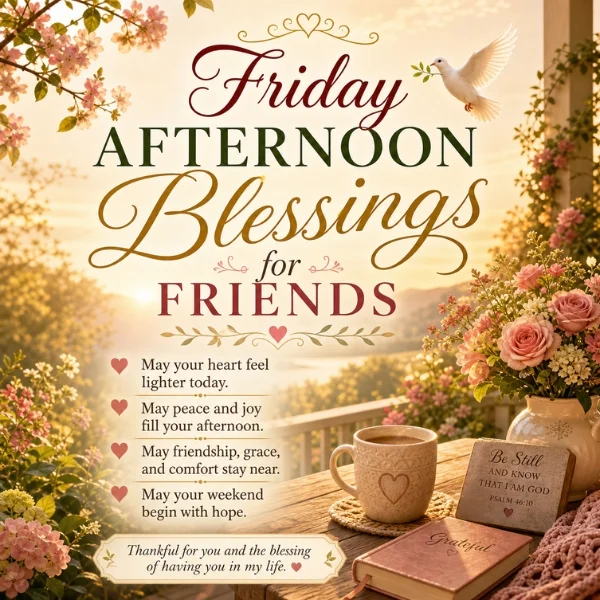 Friday afternoon blessings for friends image with flowers, dove, coffee, Bible verse, and peaceful friendship message