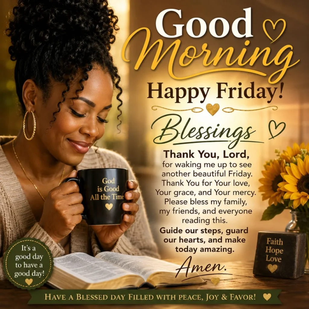 African American woman enjoying coffee with Bible and inspirational Good Morning Friday blessings message.