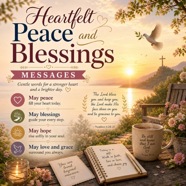 Heartfelt peace and blessings messages image with sunrise lake, dove, Bible verse mug, notebook, candle, and flowers