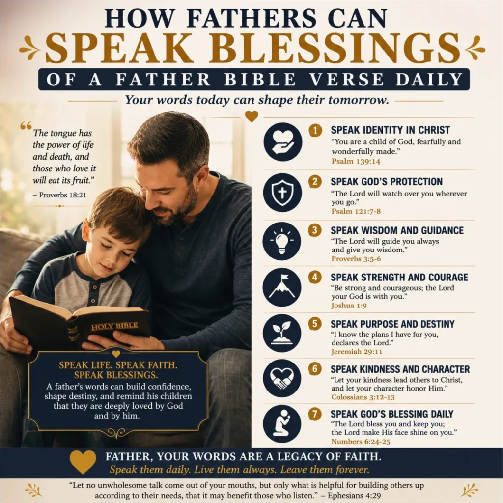 Christian father speaking daily Bible blessings and prayers over his child while reading scripture together.