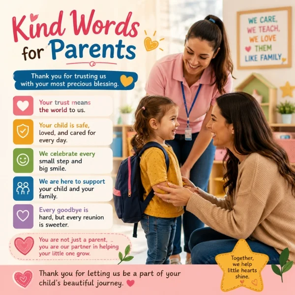 Kind words for parents daycare image with caregiver, mother, child, and warm trust-building messages