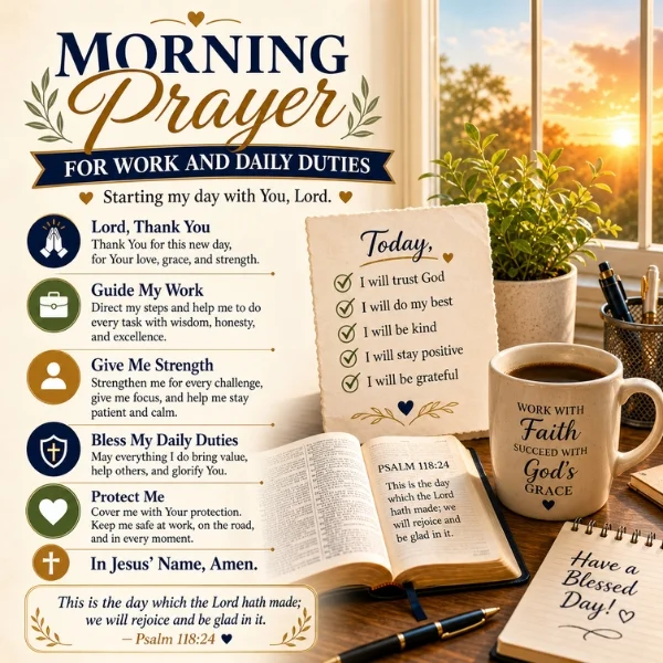 Morning prayer for work and daily duties image with open Bible, coffee, sunrise, checklist, and Psalm 118:24
