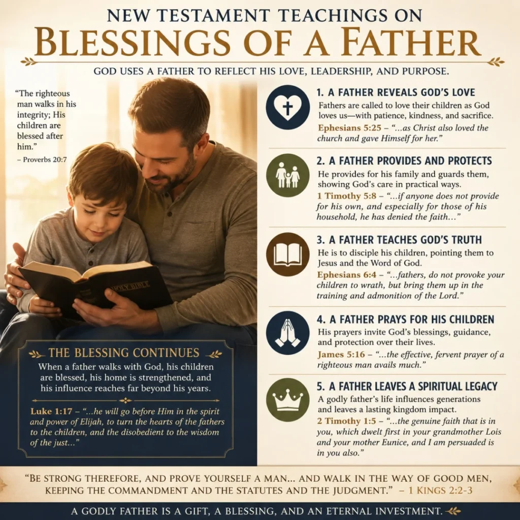 Father and son reading the Bible with New Testament teachings on blessings of a godly father and family faith.