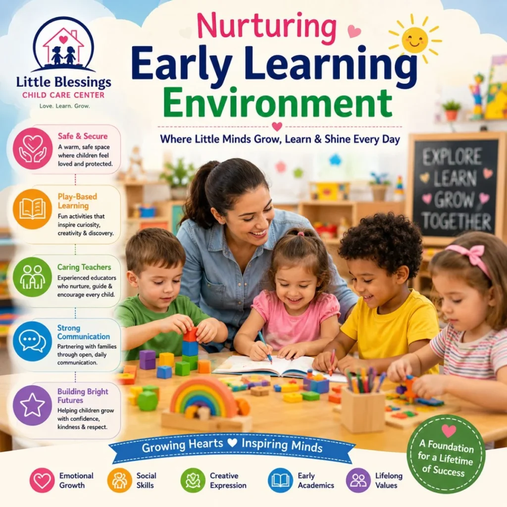 Nurturing early learning environment with caring teacher and happy children playing in a preschool classroom