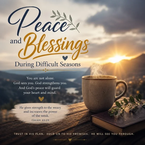 Peace and blessings during difficult seasons with sunrise, Bible verse, warm cup, and hopeful faith message