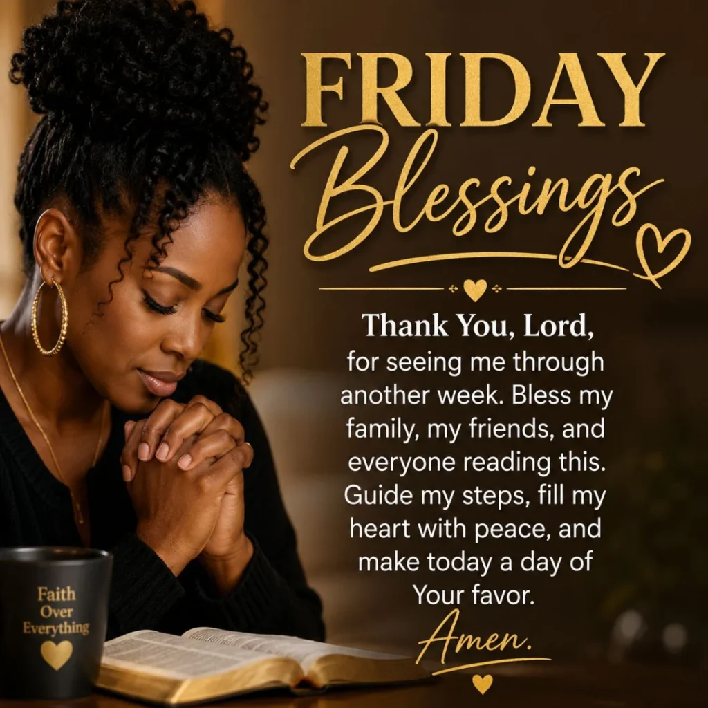 African American woman praying beside a Bible with inspiring Friday blessings and a heartfelt prayer message.