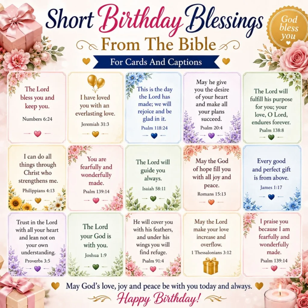 Short birthday blessings from the Bible with inspirational Bible verses, floral cards, and Christian birthday wishes.
