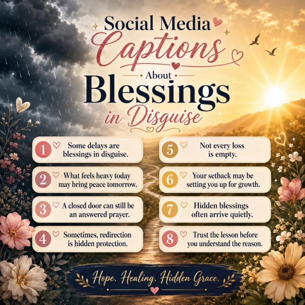 Social media captions poster about blessings in disguise with a storm-to-sunrise path and 8 hopeful quotes