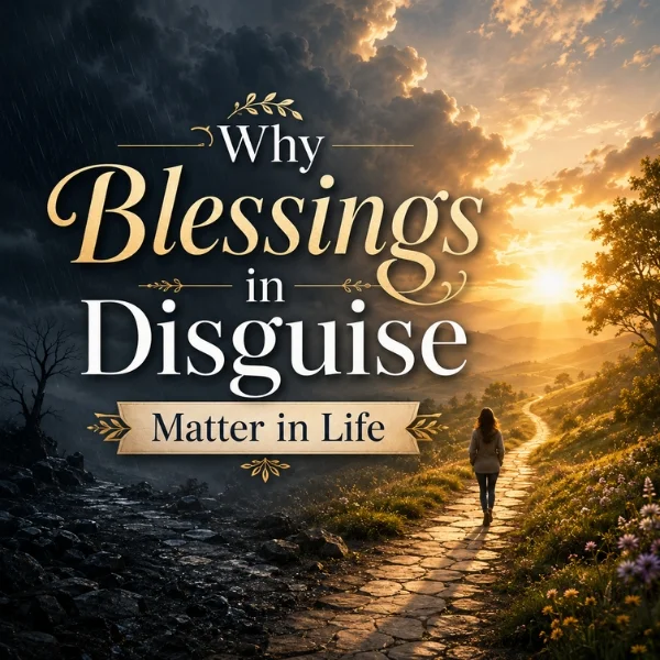 Blessings in disguise image showing a stormy path turning into golden sunlight with a hopeful walking figure