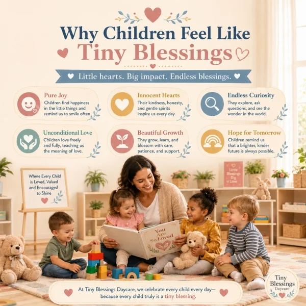 Why children feel like tiny blessings image with caregiver reading to happy kids in a warm daycare classroom