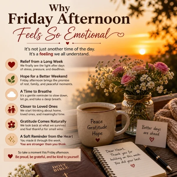Why Friday afternoon feels emotional image with sunset, coffee, flowers, Bible, and peaceful reflection notes