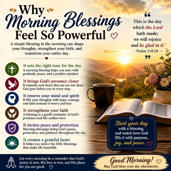 Why morning blessings feel so powerful image with sunrise, Bible, prayer, coffee, and peaceful Christian message