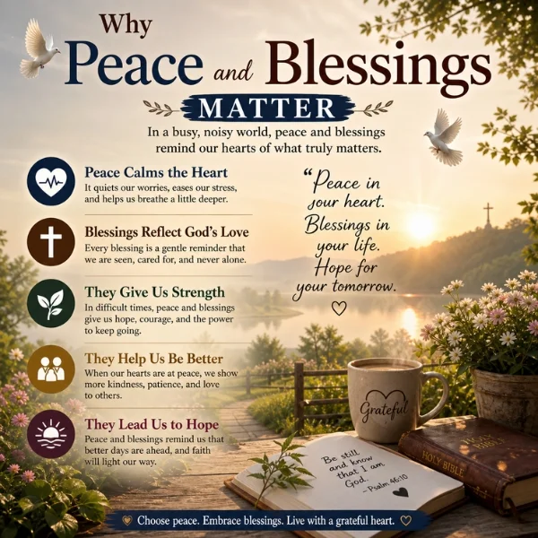 Why Peace and Blessings Matter infographic with sunrise, doves, Bible, coffee mug, flowers, and spiritual hope