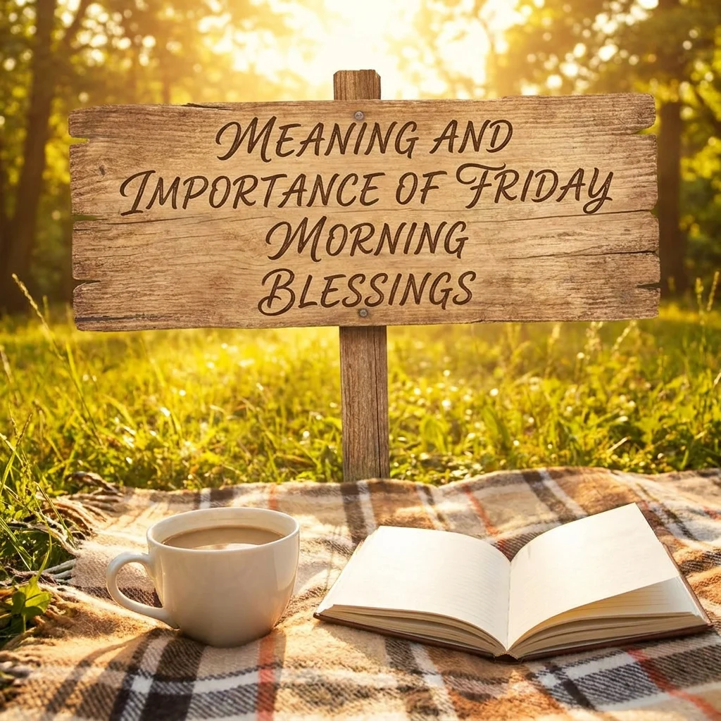 This image shows a peaceful Friday morning scene with a golden sunrise, flowers, coffee, and uplifting blessing text. The warm colors and calm lake view create a hopeful spiritual mood, perfect for Friday Morning Blessings content.