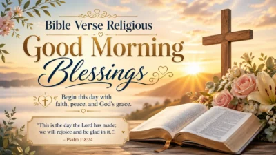 Bible verse religious good morning blessings image with sunrise, open Bible, cross, flowers, and Psalm 118:24